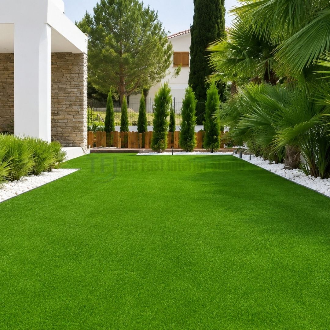 Outdoor landscaping with best artificial grass in Lahore by The Fast Interior Studio