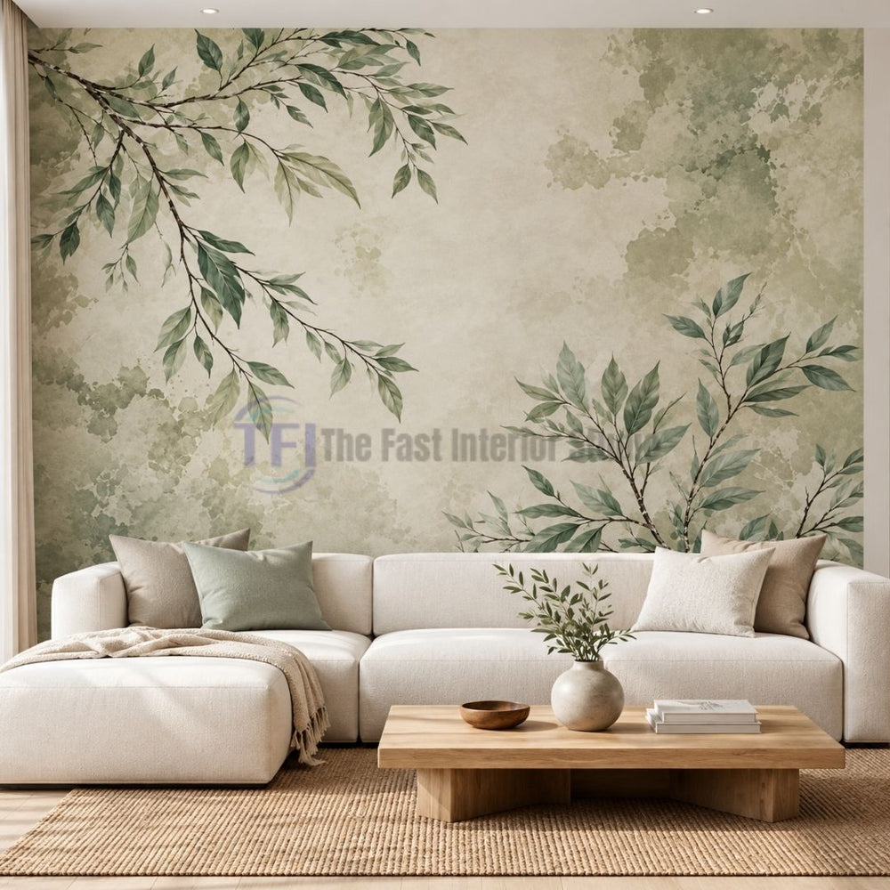 A bright, airy living room featuring a watercolor botanical leaf mural wallpaper on a textured background, beautifully paired with a modern white modular sofa and a natural wood coffee table