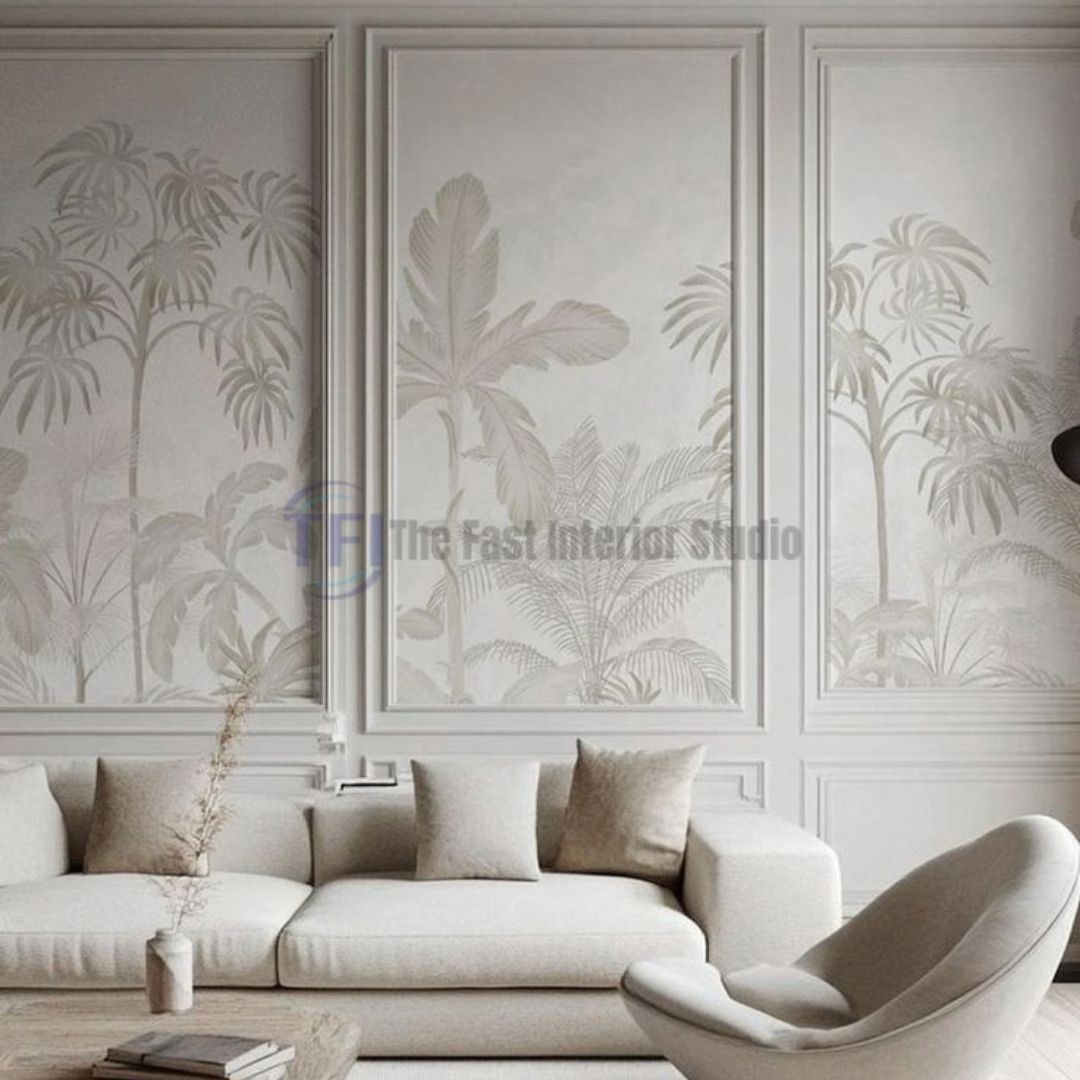 A bright living room featuring a soft neutral tropical palm mural wallpaper beautifully installed inside classic white wall molding panels behind a cream sofa