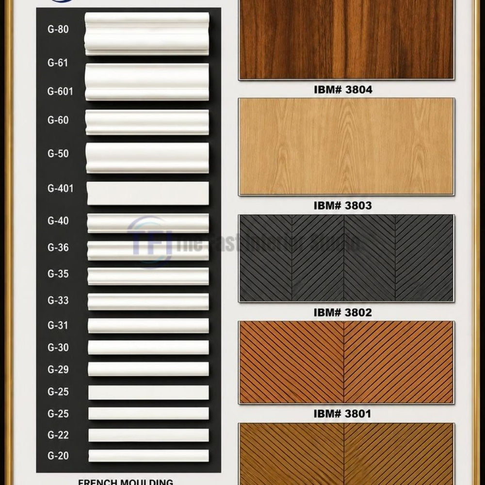 A catalog display board featuring a vertical arrangement of white French moulding trim profiles on the left, alongside premium flat wood grain sheets and textured chevron pattern wall panels on the right