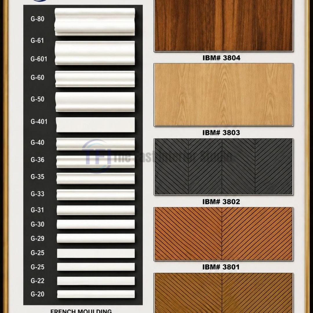 A catalog display board featuring a vertical arrangement of white French moulding trim profiles on the left, alongside premium flat wood grain sheets and textured chevron pattern wall panels on the right