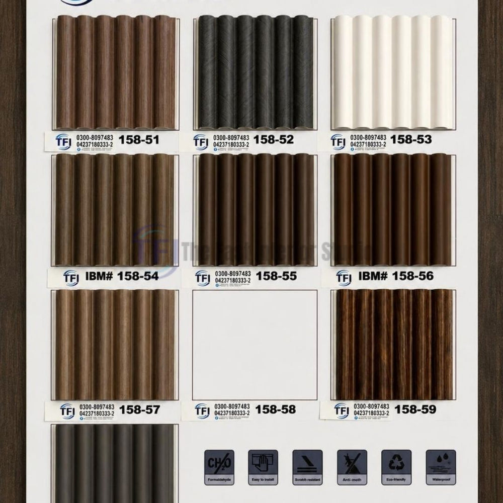 A catalog sample board displaying 158-series semi-circular WPC wall panels in multiple wood grain and solid color finishes, featuring certification icons for formaldehyde-free, scratch-resistant, anti-moth, eco-friendly, and waterproof properties