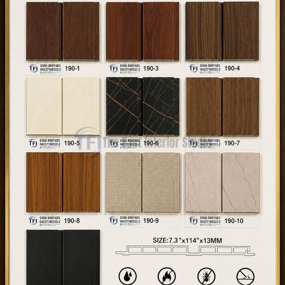 A catalog sample board displaying 190-series wide-plank interlocking WPC wall panels measuring 7.3 inches by 114 inches by 13mm, featuring wood grain, textured stone, and geometric marble finishes alongside waterproof and fire retardant icons