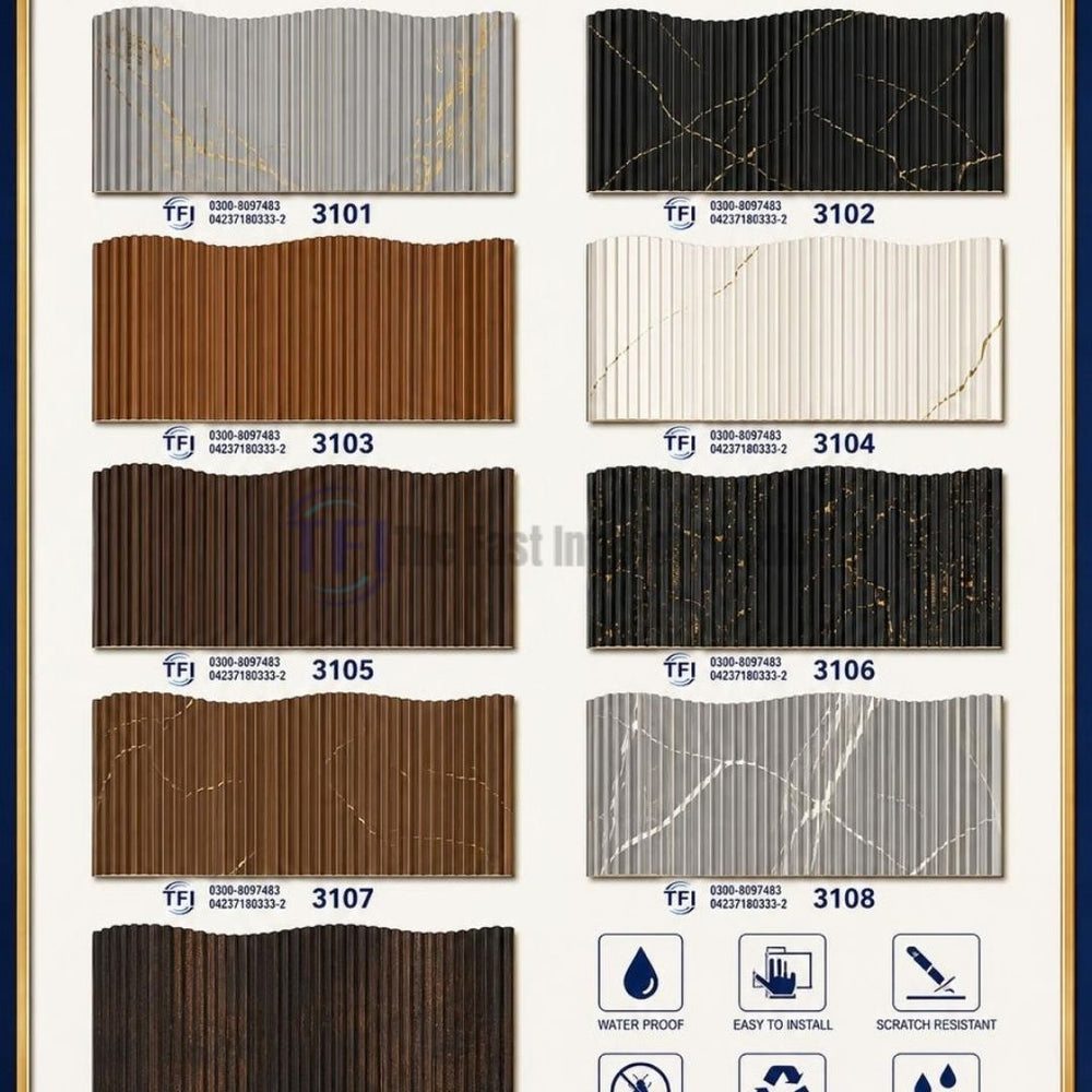 A catalog sample board displaying 3100-series micro-fluted WPC wall panels in various luxury finishes including black, white, and grey marble with gold veining, alongside natural wood textures, featuring waterproof and scratch-resistant icons
