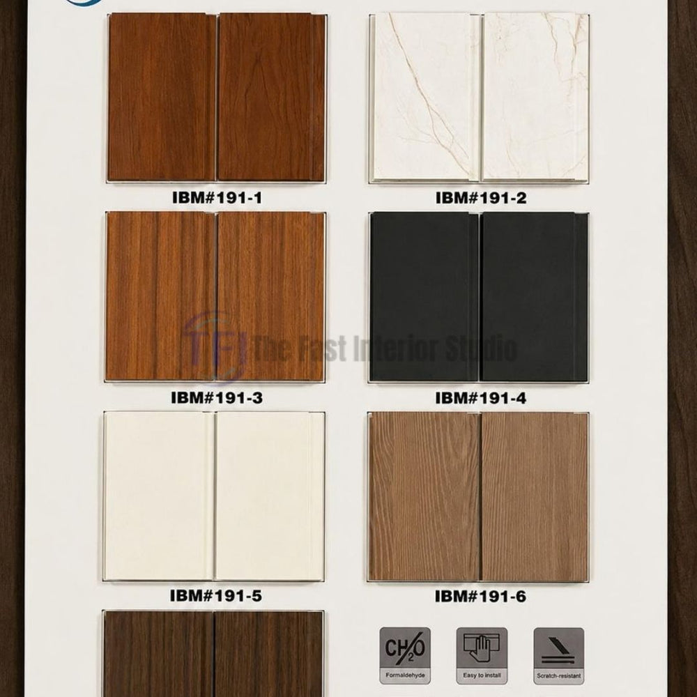 A catalog sample board displaying IBM 191 series flat wide-plank interlocking WPC wall panels