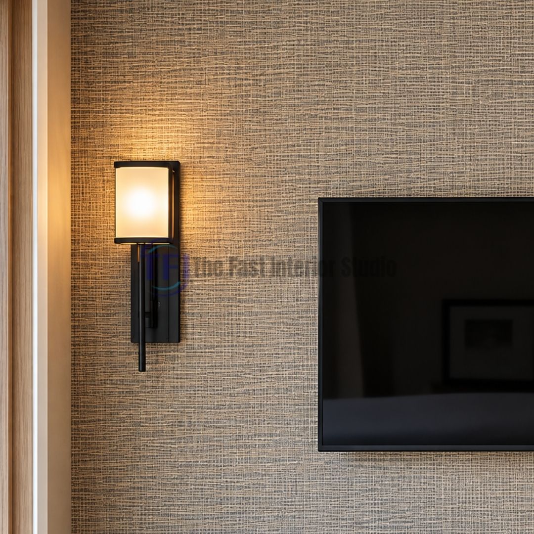 A close-up interior shot of a neutral beige and grey woven jute textured wallpaper installed on a media wall featuring a modern black wall sconce and a television screen