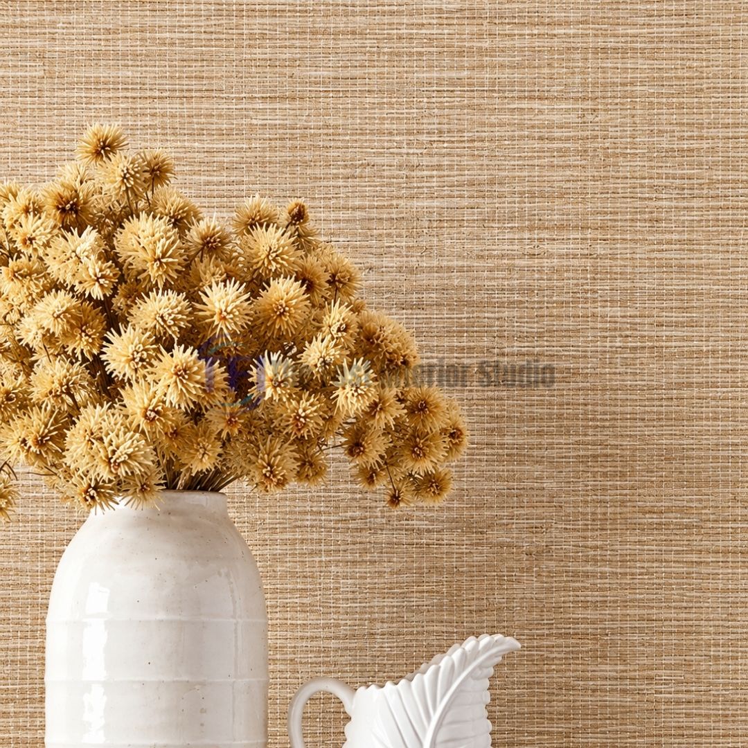 A close-up interior shot of a warm natural golden-beige jute wallpaper installed behind a white ceramic vase filled with dried flower stems