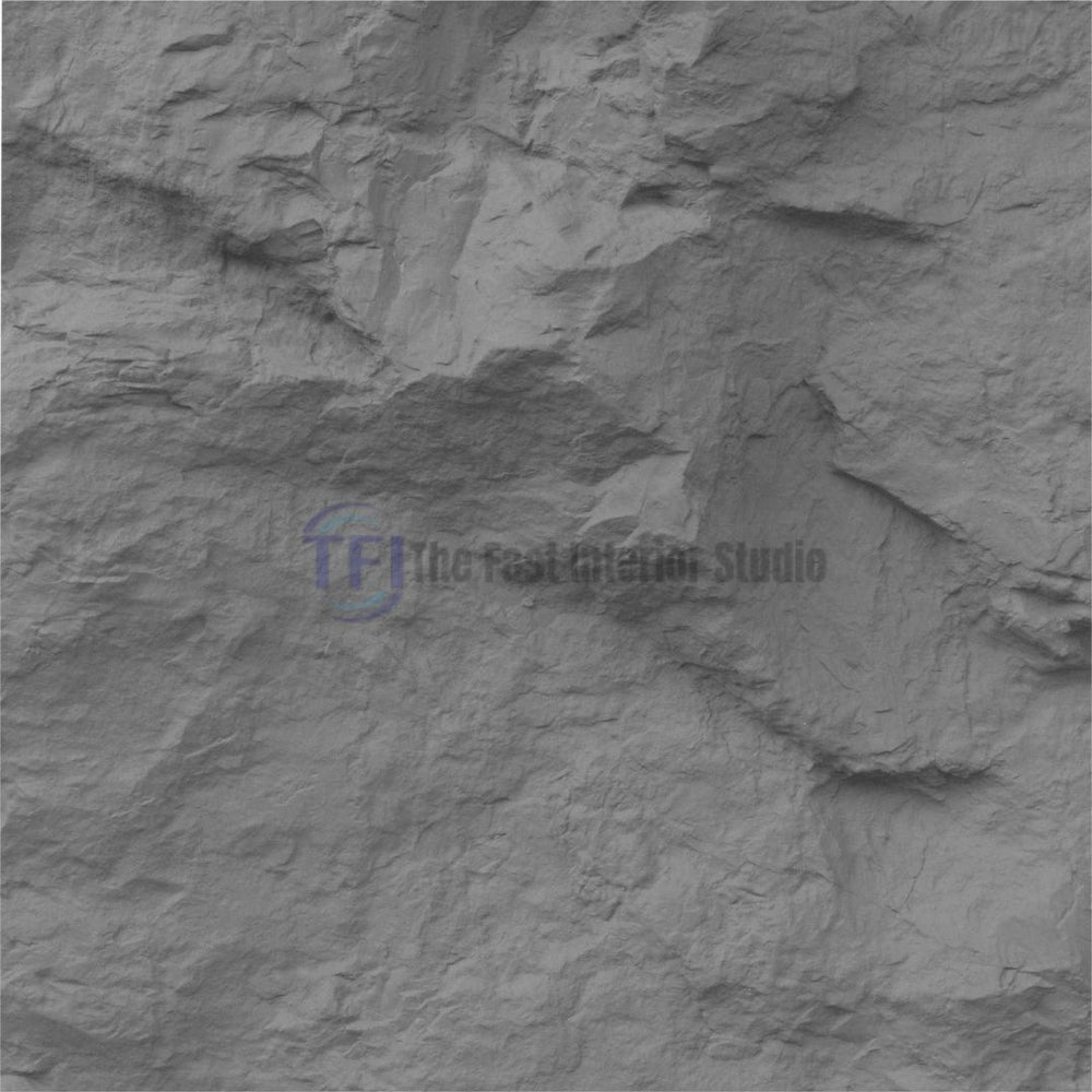 A close-up texture detail of a dark grey 3D PU faux cliff rock wall panel showcasing deep, rugged natural crevices