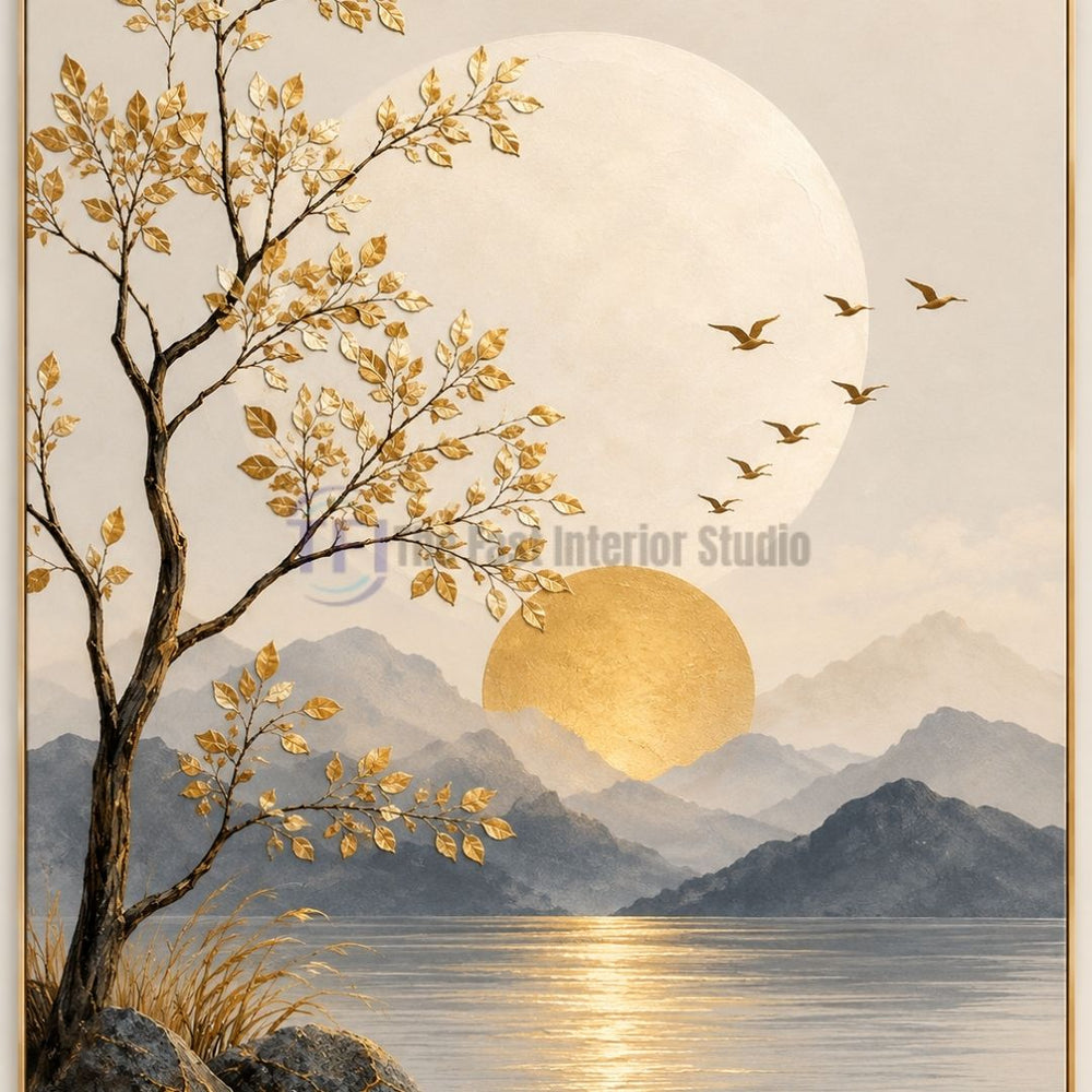 A close-up view of a custom landscape mural featuring a detailed tree with gold leaf accents, a golden sun over grey mountains, a reflective lake, and flying birds