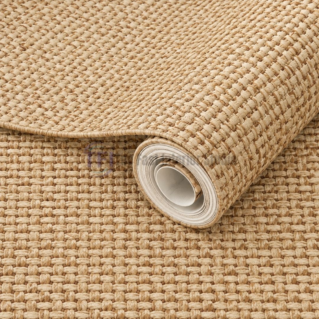 A close-up view of a natural basket-weave jute wallpaper sample roll showing the thick woven texture and durable backing material