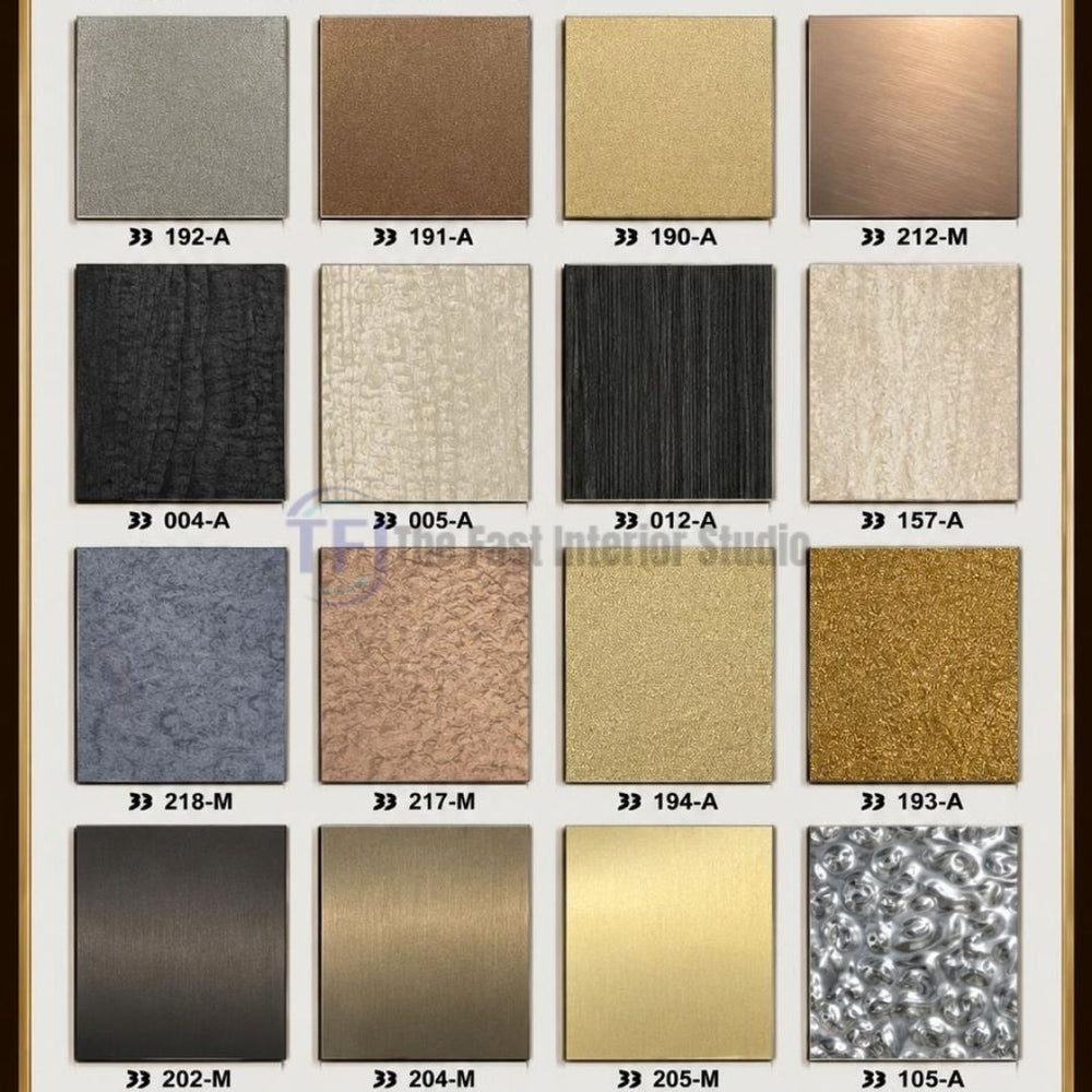A comprehensive catalog display board showcasing 16 square luxury wall panel samples, featuring brushed metallic finishes, textured stone surfaces, and a highly reflective 3D water ripple metal sheet