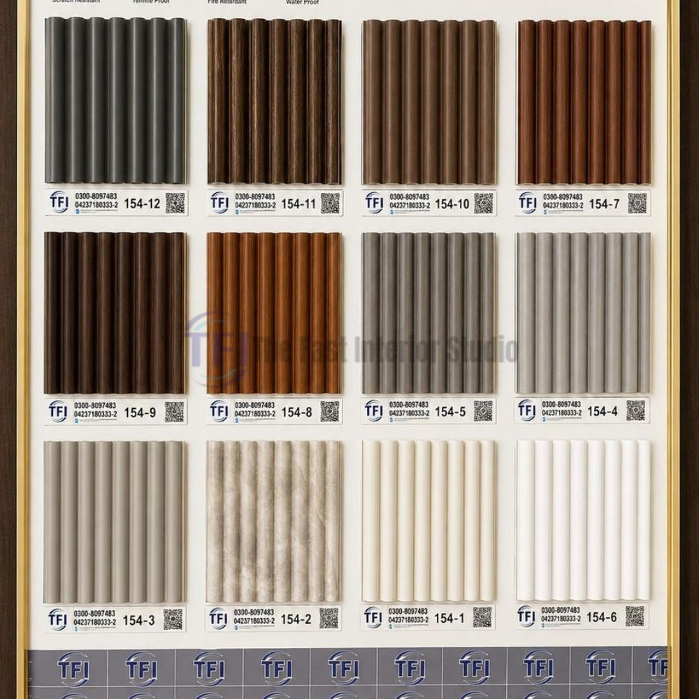 A comprehensive catalog sample board displaying 154-series semi-circular scalloped WPC wall panels in multiple wood grain finishes, solid colors, and stone textures