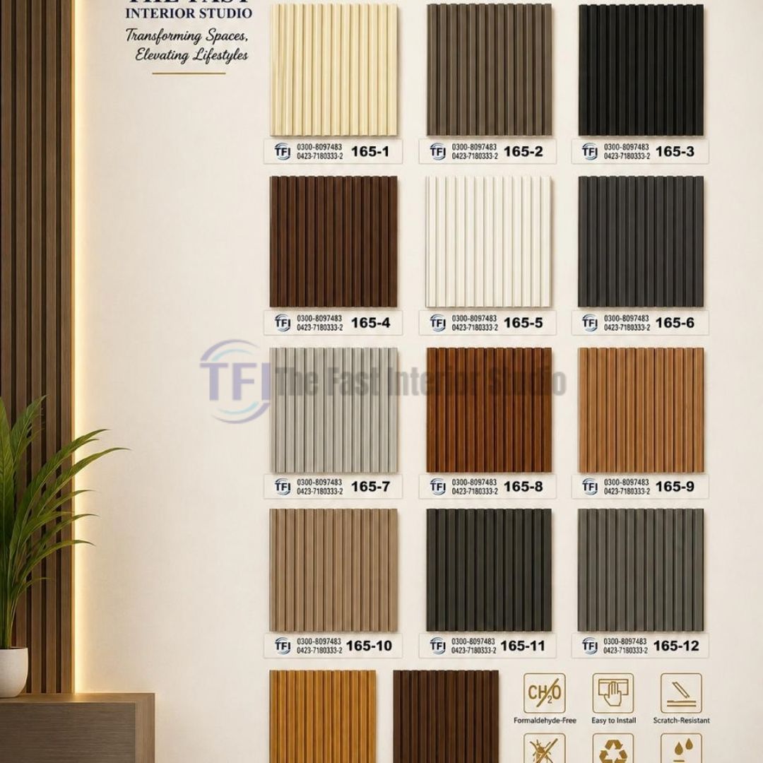 A comprehensive catalog sample board displaying 165-series narrow-fluted WPC wall panels in fine wood grain, solid white, grey, and charcoal finishes, featuring certification icons for formaldehyde-free, easy installation, and scratch-resistant properties