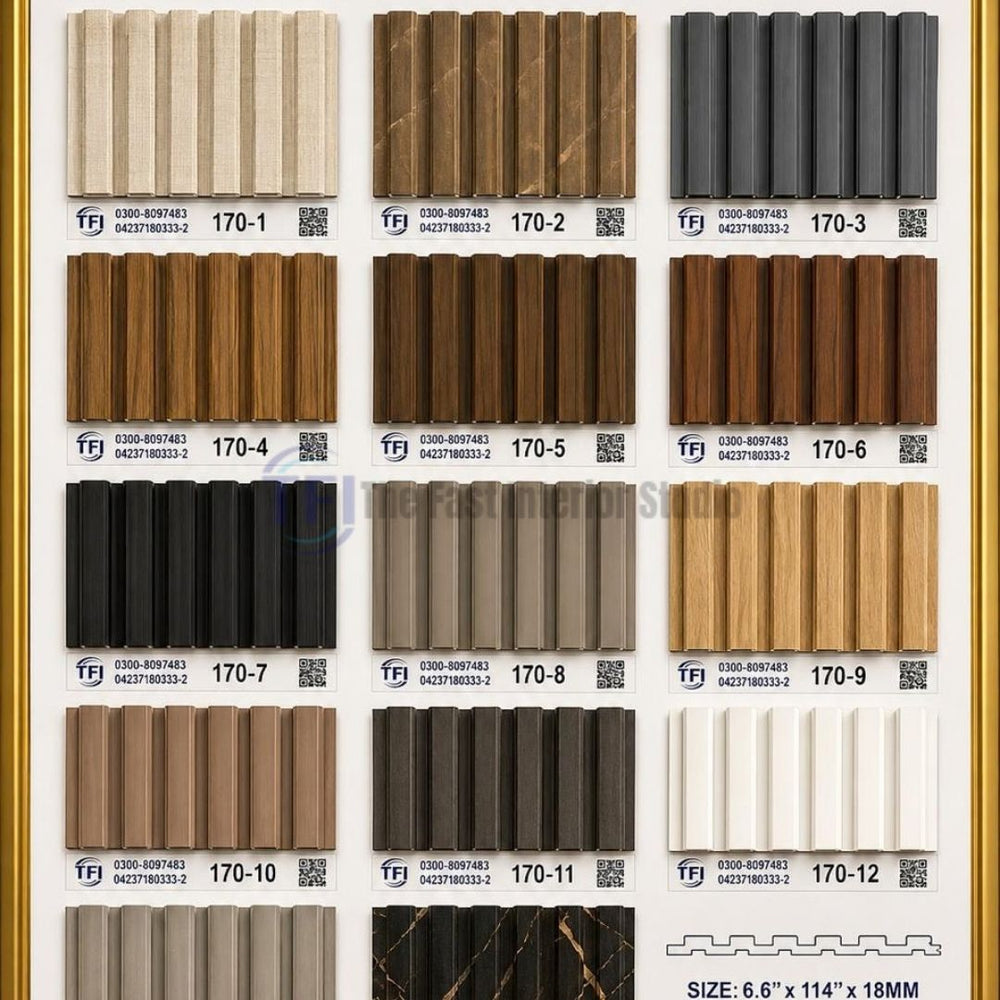 A comprehensive catalog sample board displaying 18mm thick 3D fluted WPC wall panels in multiple wood grain finishes, solid colors, and black marble textures, with a panel size of 6.6 inches by 114 inches