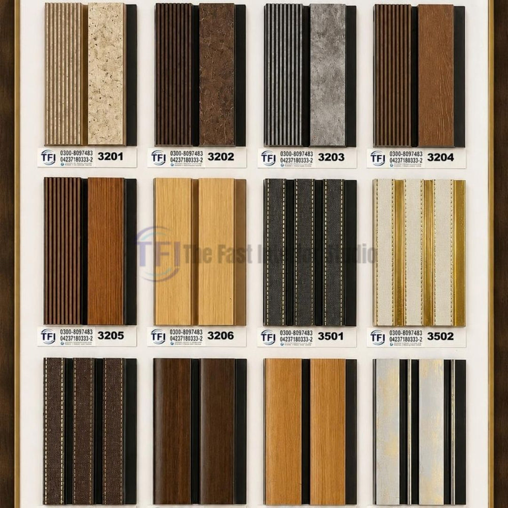 A comprehensive catalog sample board displaying 3200 and 3500 series WPC wall panels featuring asymmetrical profiles that combine wide flat sections with narrow ribbed fluting, showcasing stone, wood grain, and metallic accented finishes
