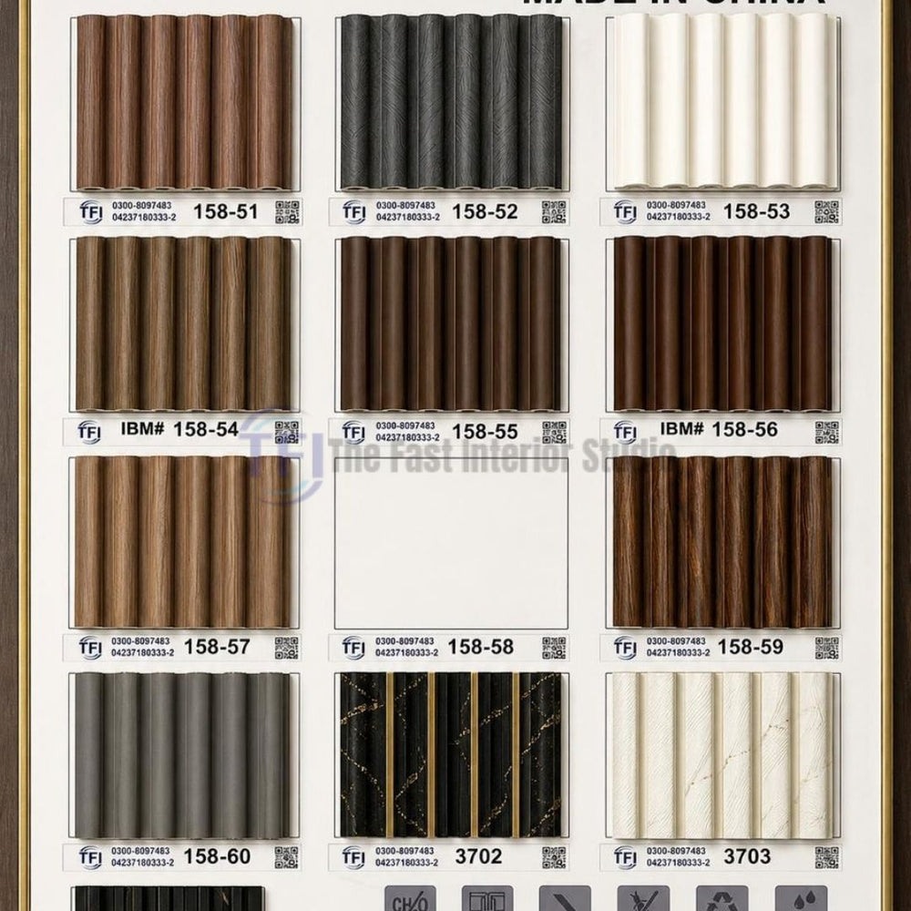 A comprehensive catalog sample board displaying 3D semi-circular fluted WPC wall panels in various wood grain finishes, solid colors, and exclusive designs with gold accent lines