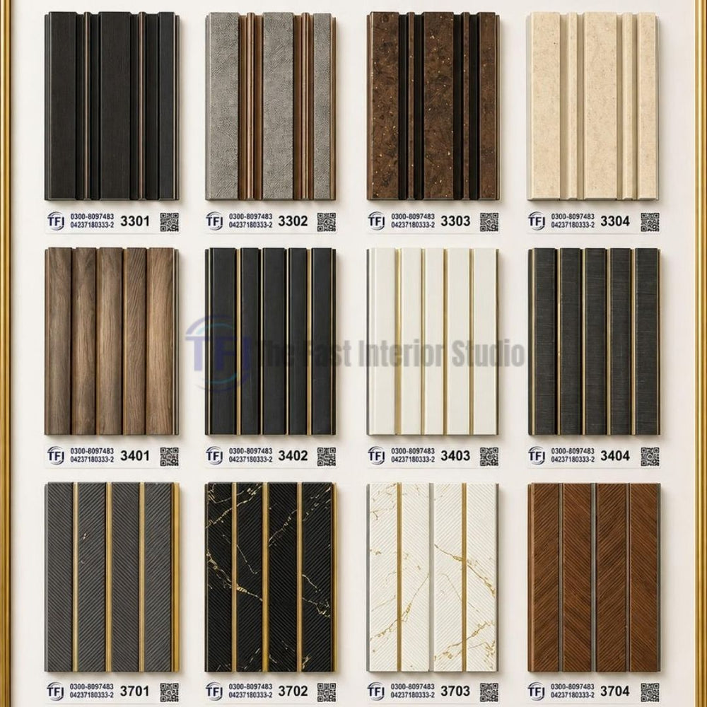 A comprehensive catalog sample board displaying luxury 3D fluted WPC wall panels featuring distinct gold and metallic accent lines across marble, concrete, wood grain, and solid color finishes