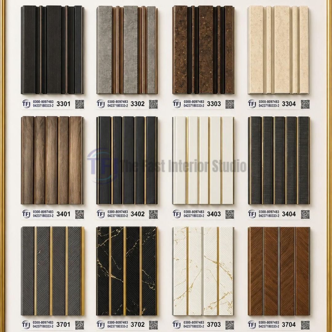 A comprehensive catalog sample board displaying luxury 3D fluted WPC wall panels featuring distinct gold and metallic accent lines across marble, concrete, wood grain, and solid color finishes