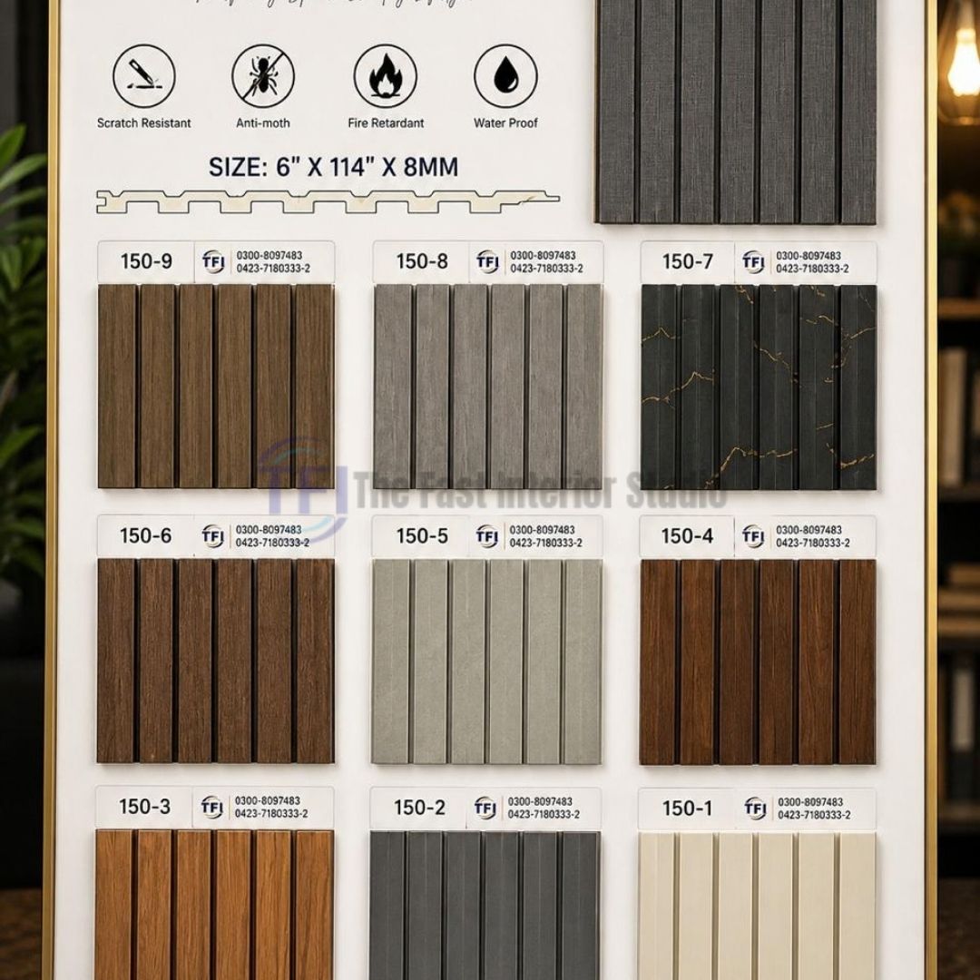 A comprehensive catalog sample board displaying ultra-slim 8mm thick, 3-flute WPC wall panels in wood grain, grey, solid cream, and black marble finishes, featuring scratch resistant, anti-moth, fire retardant, and waterproof certification icons