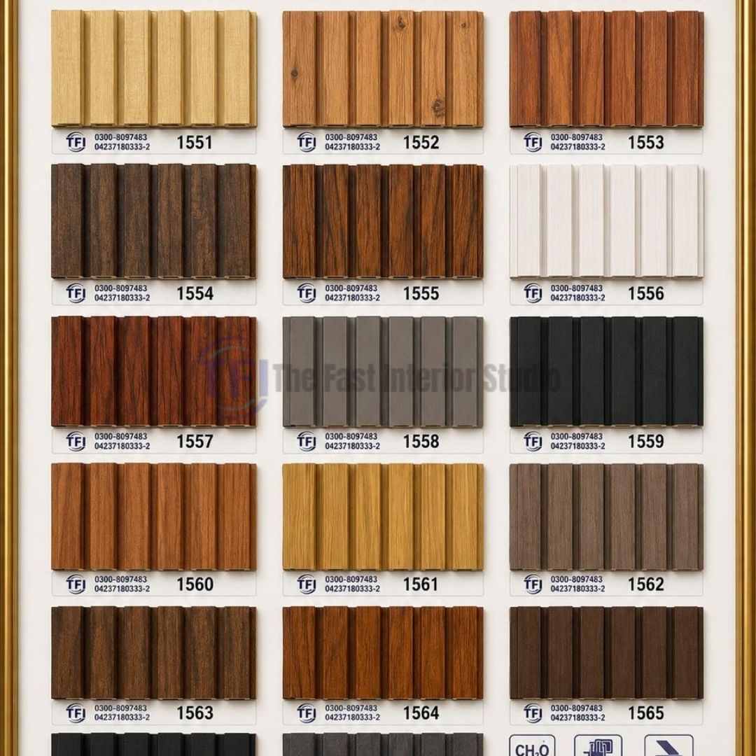 A comprehensive catalog sample board displaying various premium 3D fluted wall panels in multiple wood grain finishes and solid colors like white, grey, and black