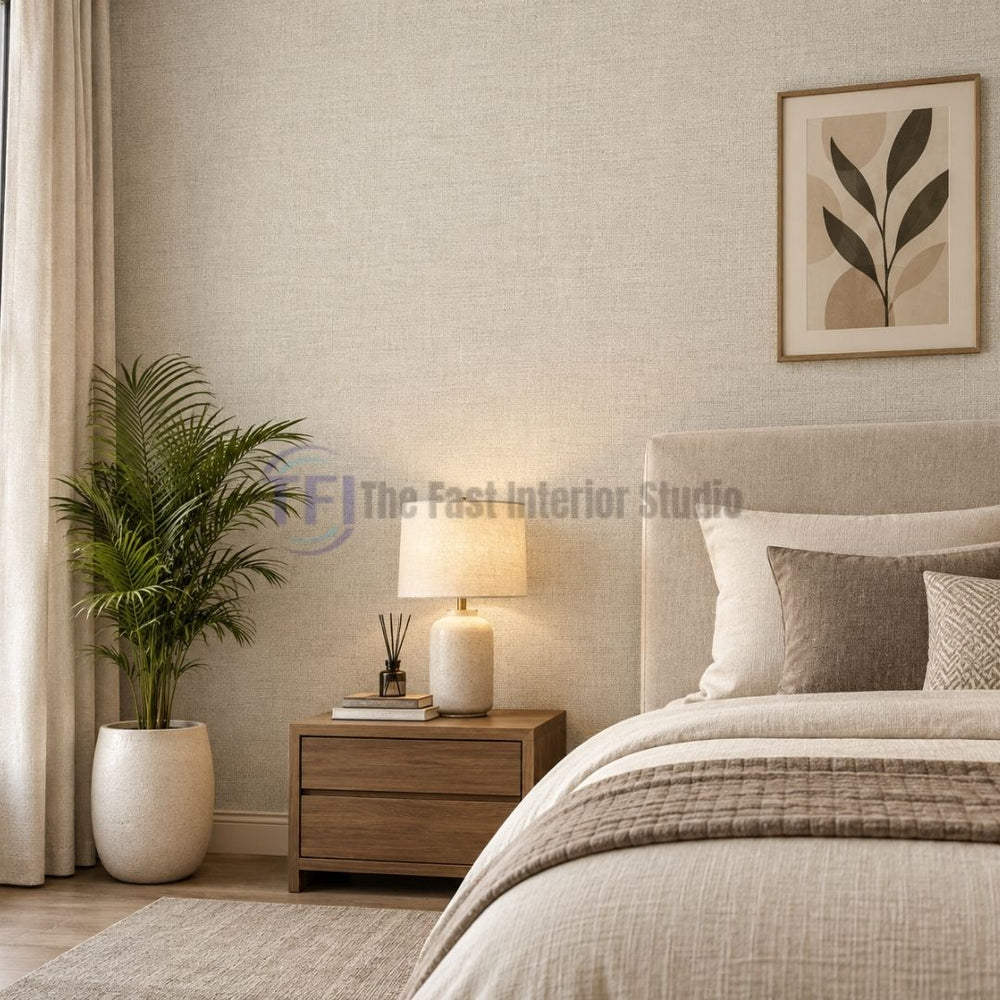 A cozy bedroom interior featuring a neutral textured jute wallpaper accent wall installed behind a bed, styled with a wooden nightstand, a bedside lamp, and a potted palm plant