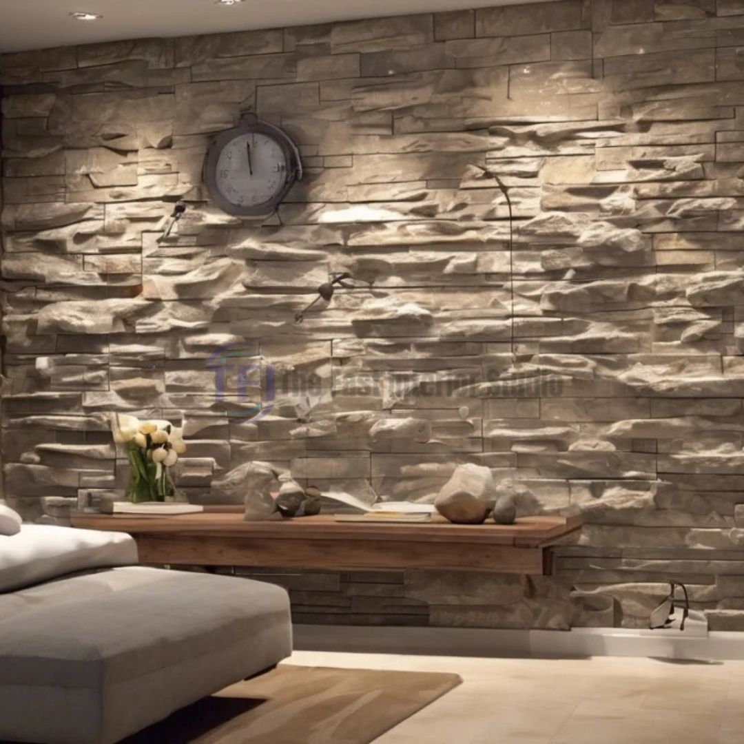 A cozy luxury living room featuring a light beige 3D PU stacked ledgestone feature wall styled with a wooden floating shelf and contemporary wall clock