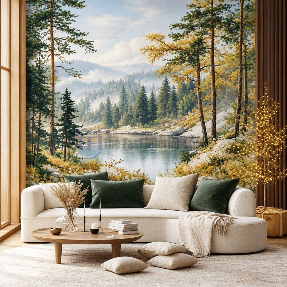 A cozy, organic modern living room featuring an immersive alpine lake and pine forest mural wallpaper, beautifully styled with a cream curved sofa, green velvet pillows, and a natural wood coffee table