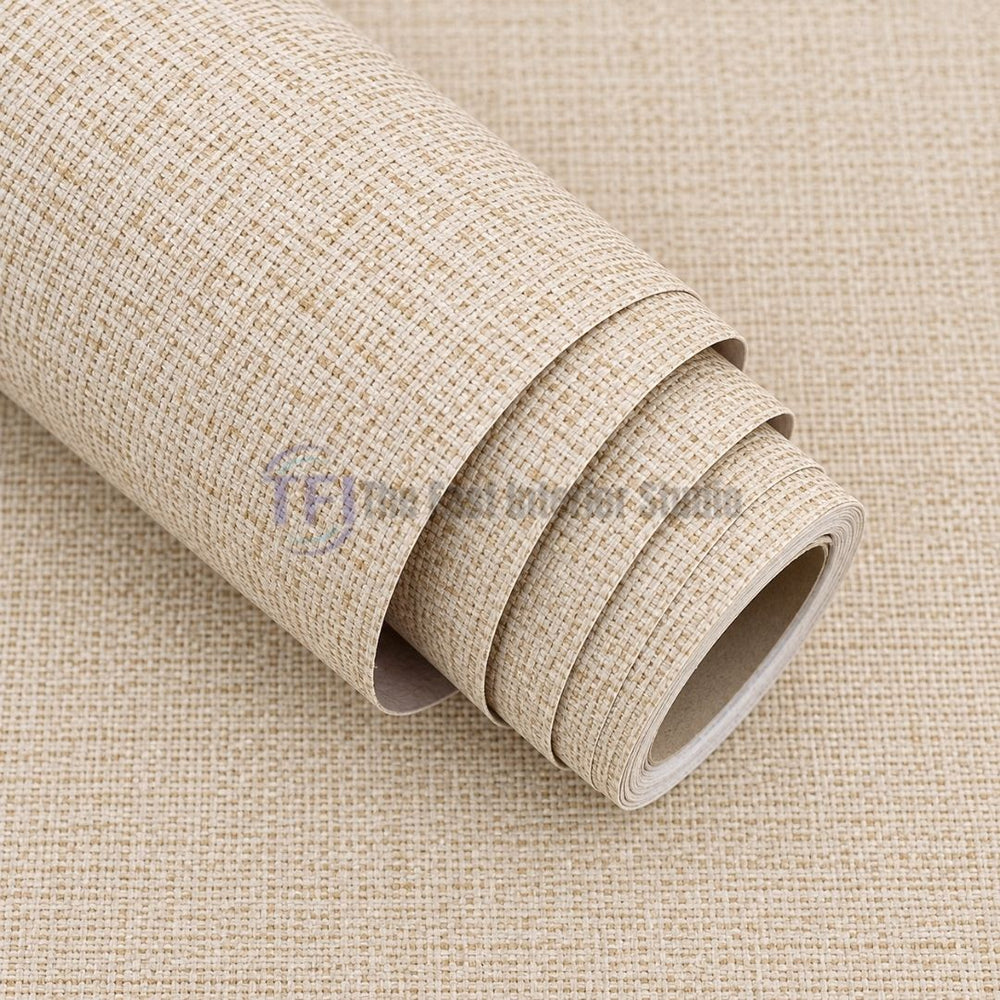 A detailed display of a rolled off-white and natural beige jute wallpaper showcasing the fine high-definition horizontal woven fabric texture