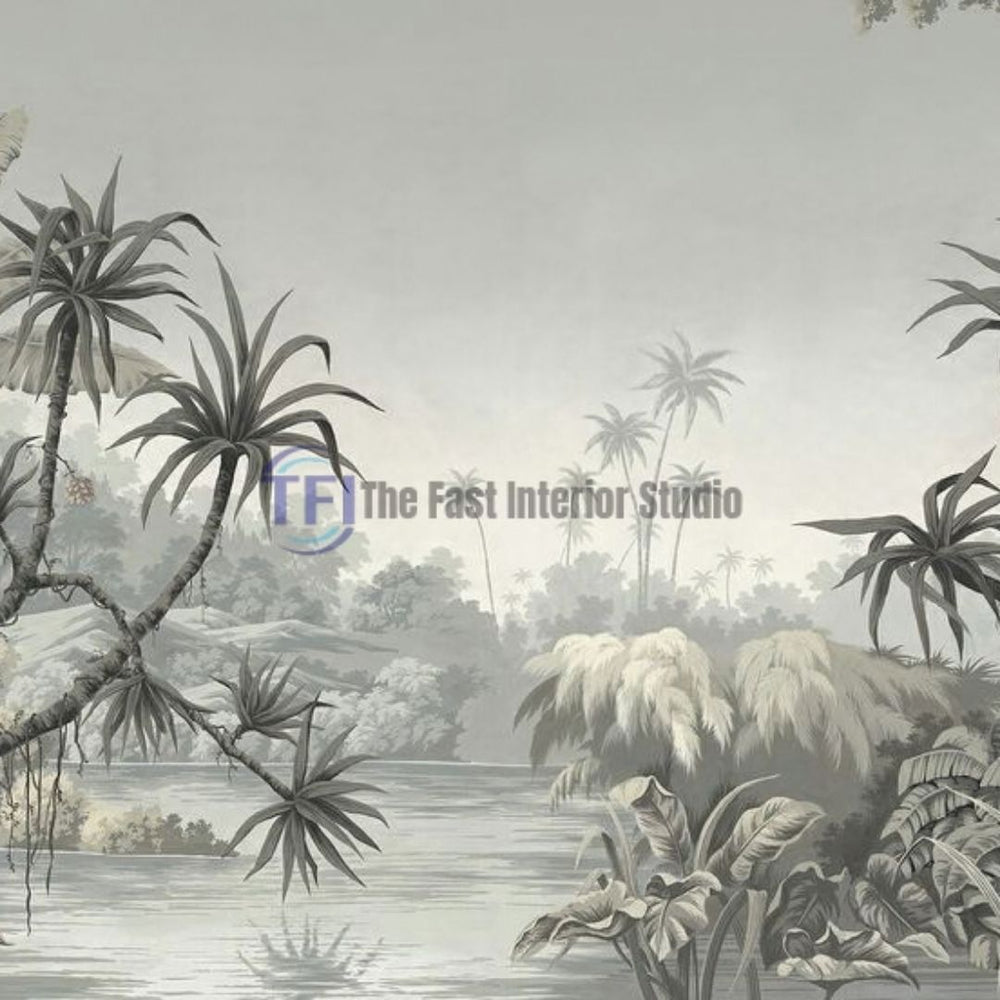 A detailed monochromatic greyscale mural wallpaper depicting a serene tropical river landscape with lush palm trees and jungle foliage