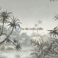 A detailed monochromatic greyscale mural wallpaper depicting a serene tropical river landscape with lush palm trees and jungle foliage