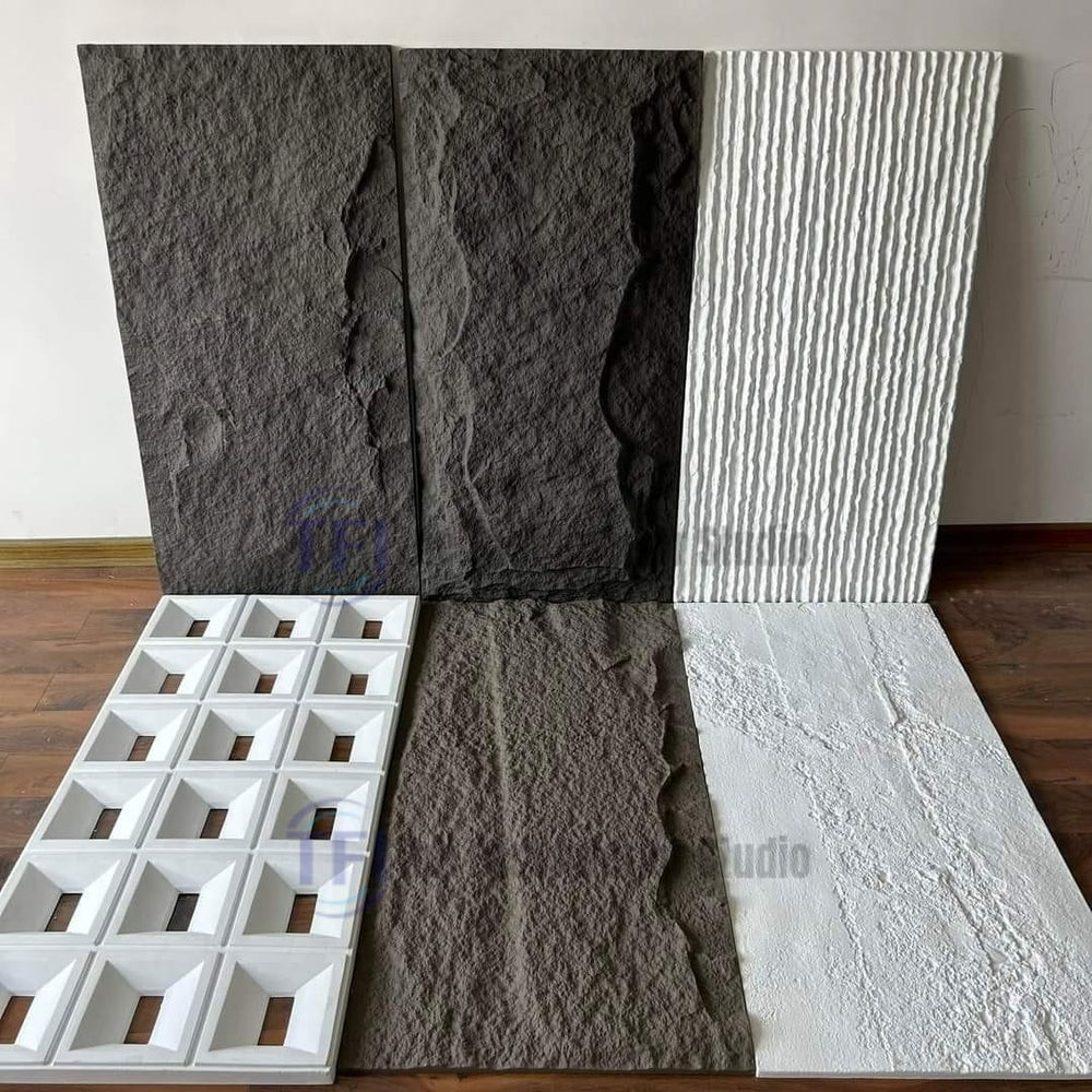 A diverse collection of premium 3D PU wall panels displaying rugged dark grey faux stone, crisp white vertical ribbed textures, and modern white geometric grid patterns for luxury home decor