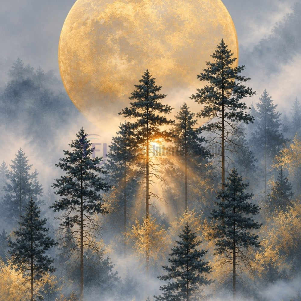 A dramatic and moody mural wallpaper depicting tall dark pine trees shrouded in mist against a massive, glowing golden moon