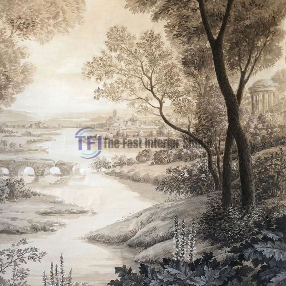 A highly detailed vintage mural wallpaper in monochromatic sepia tones featuring a classic European river landscape, a stone bridge, trees, and distant architectural ruins