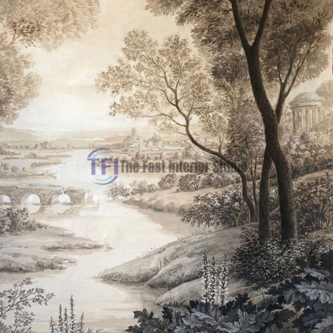 A highly detailed vintage mural wallpaper in monochromatic sepia tones featuring a classic European river landscape, a stone bridge, trees, and distant architectural ruins
