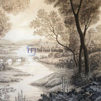 A highly detailed vintage mural wallpaper in monochromatic sepia tones featuring a classic European river landscape, a stone bridge, trees, and distant architectural ruins