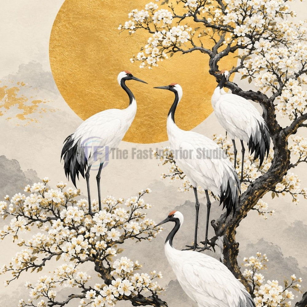 A luxurious Oriental style mural wallpaper featuring elegant white and black red-crowned cranes perched on a blooming cherry blossom tree in front of a large golden sun and soft misty mountains