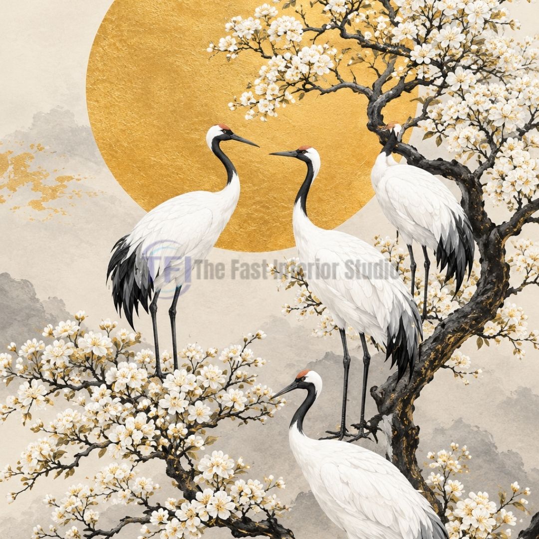 A luxurious Oriental style mural wallpaper featuring elegant white and black red-crowned cranes perched on a blooming cherry blossom tree in front of a large golden sun and soft misty mountains