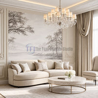 A luxurious living room featuring a classical monochrome river landscape mural installed inside decorative wall molding behind a beige sofa and crystal chandelier