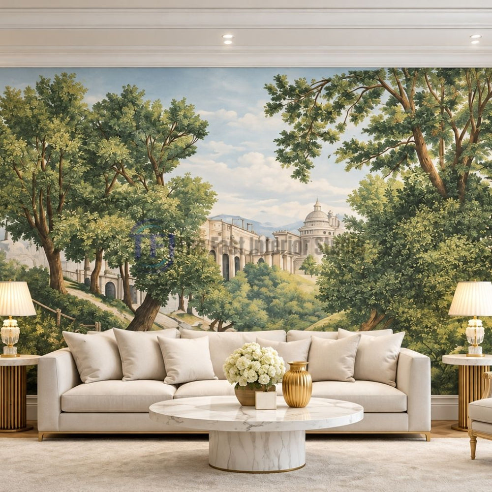 A luxurious living room featuring an expansive vintage landscape murals wallpaper, showcasing classical architecture and lush trees serving as a backdrop for a cream sofa