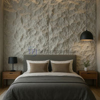 A luxury bedroom featuring a deeply textured light stone 3D PU feature wall acting as a dramatic headboard backdrop, accented by a modern black pendant light