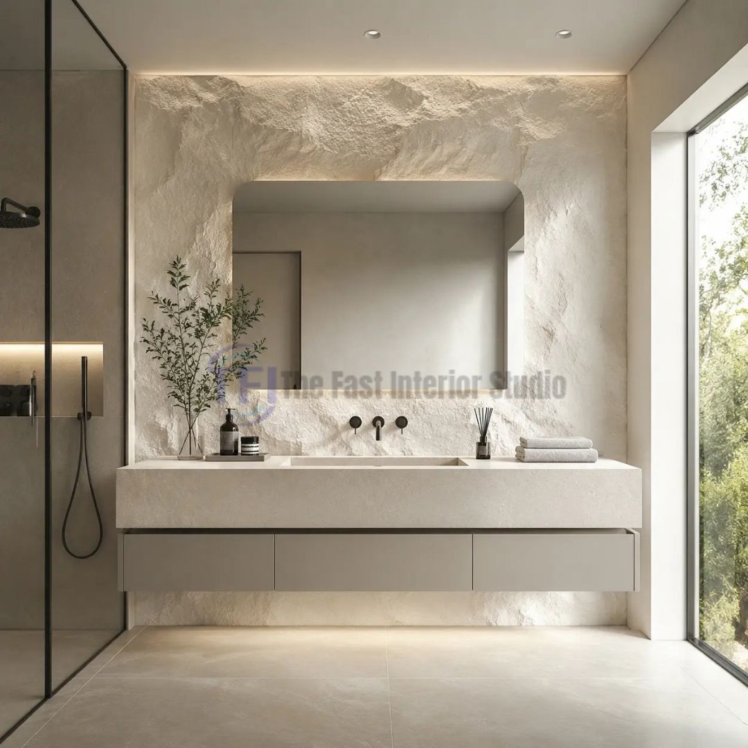 A luxury modern bathroom featuring a highly textured light 3D PU faux stone feature wall situated behind a sleek floating vanity and a large rectangular mirror, illuminated by warm ceiling lighting