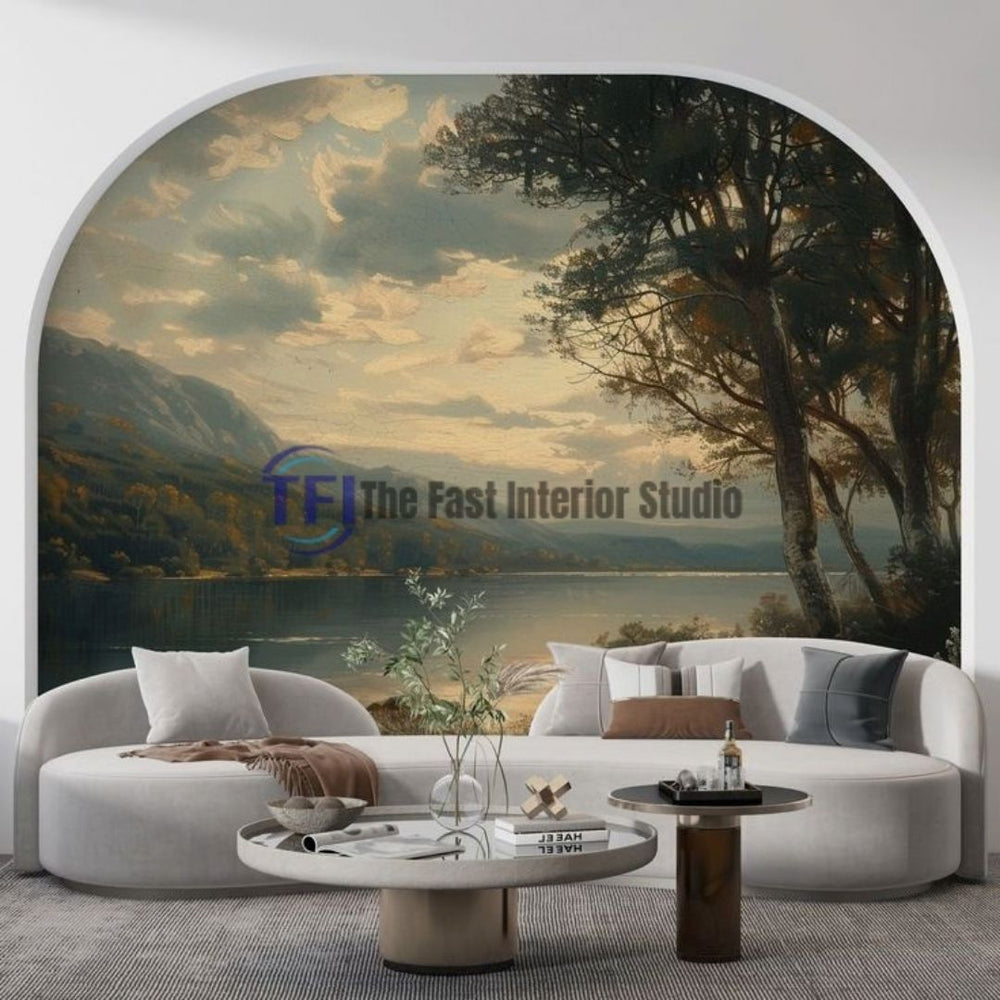 A modern, elegant space featuring a stunning vintage lake landscape dining room mural wallpaper set within an architectural arch, beautifully complementing a curved cream sofa and sleek modern coffee tables