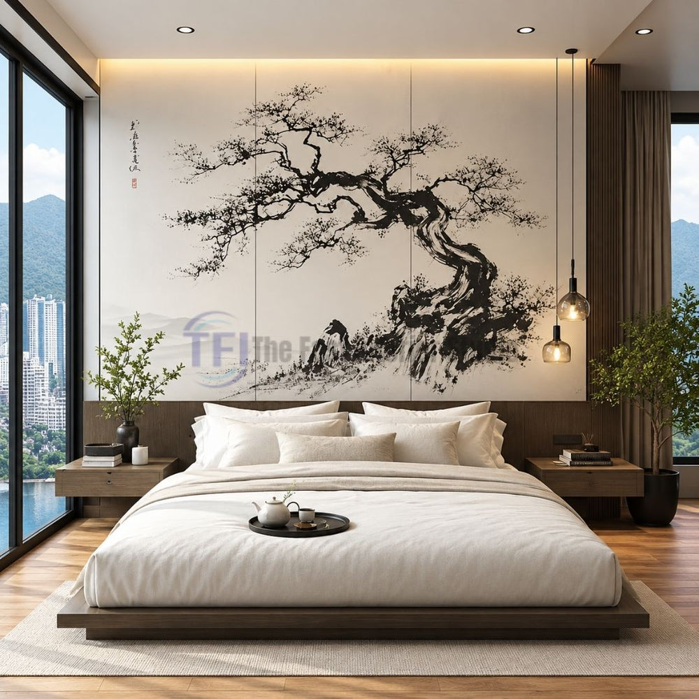A modern, minimalist bedroom featuring a dramatic Asian ink wash pine tree mural wallpaper installed on white panels behind a low-profile wooden bed