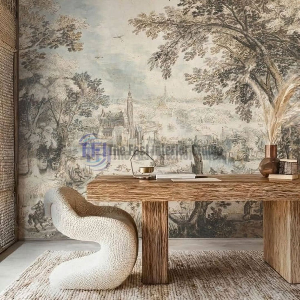 A modern workspace featuring a large vintage abstract mural wallpaper with sketched trees and architecture, set behind a natural wood desk and a sculptural white chair