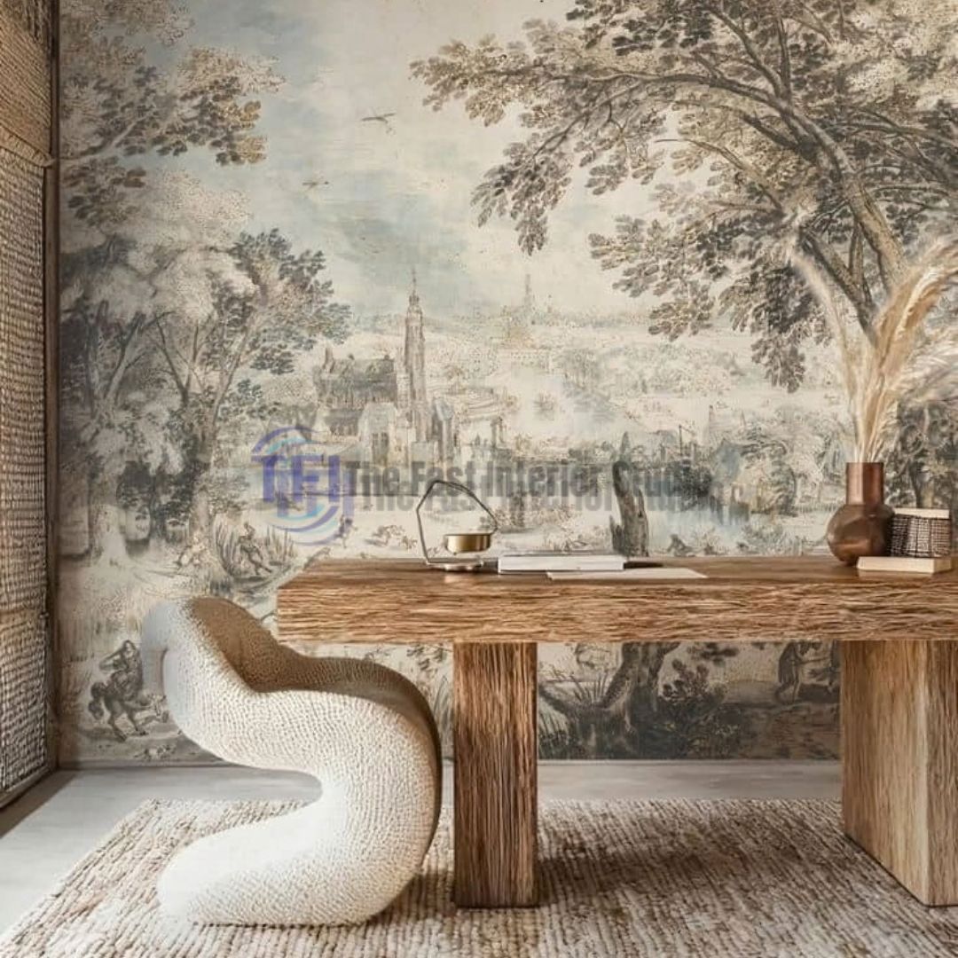 A modern workspace featuring a large vintage abstract mural wallpaper with sketched trees and architecture, set behind a natural wood desk and a sculptural white chair