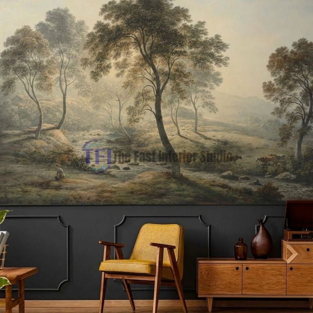 A moody interior featuring a vintage pastoral landscape mural wallpaper installed above dark architectural wainscoting, accented by a mustard yellow mid-century chair and a wooden cabinet
