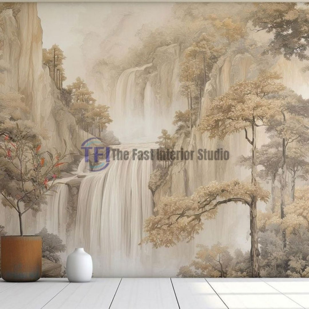 A serene, monochromatic Zen waterfall landscape mural wallpaper in warm beige tones, installed seamlessly behind a minimalist white ceramic vase and a modern potted plant