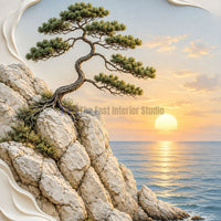 A serene mural wallpaper depicting a sculpted bonsai tree growing on a rocky coastal cliff overlooking a calm ocean during a glowing sunset