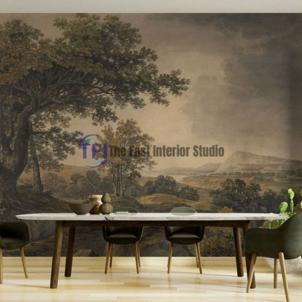 A sophisticated dining room featuring a moody vintage landscape mural wallpaper serving as a backdrop for a white marble table and dark green chairs
