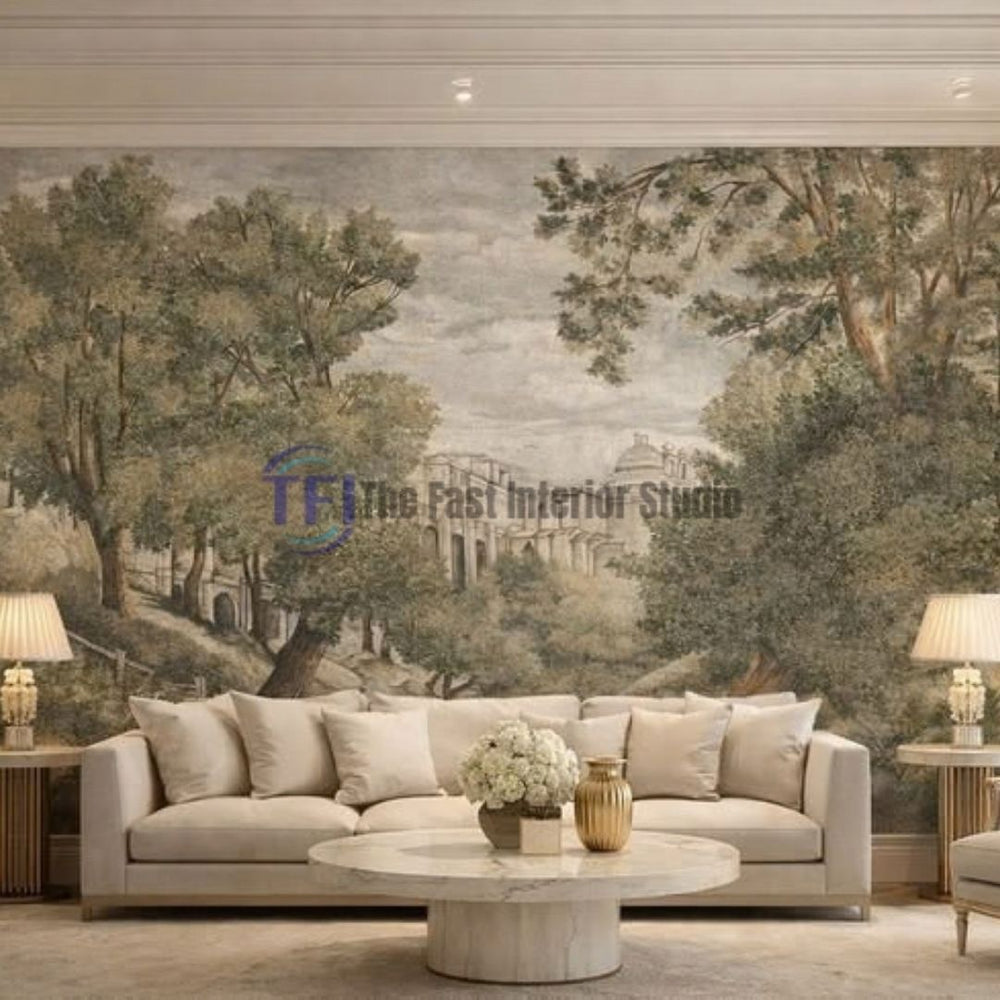 A sophisticated living room featuring a vintage European estate landscape mural wallpaper in muted earthy tones, set behind a classic cream sofa and a round marble table